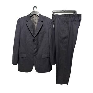 Merona 44R 2PC Suit Blazer Men Pants 36x30 Poly Blend Deep Navy Blue Gray Stripe